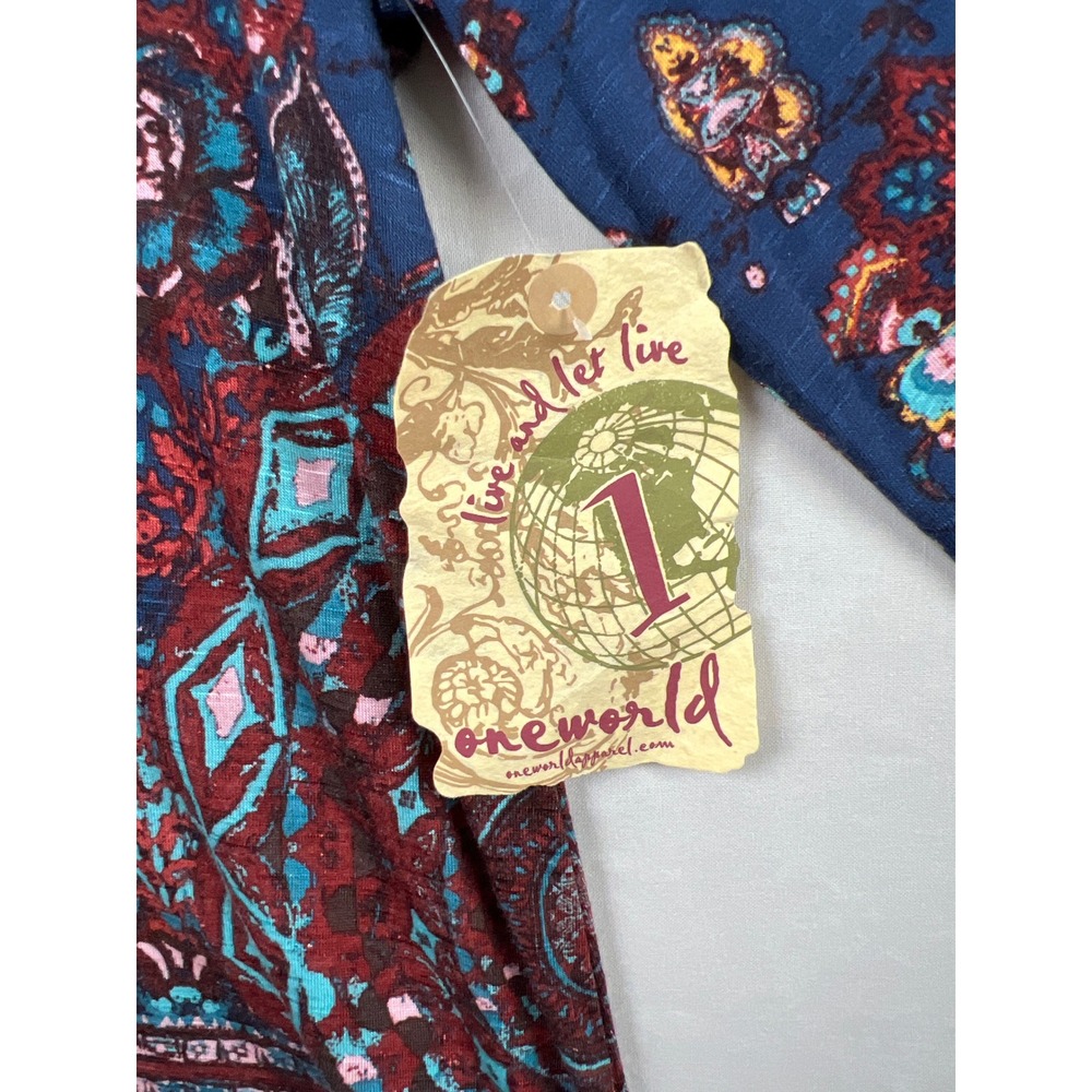 One World V-Neck Top Womens Large Blue Burgundy Boho Mandala 3/4 Sleeve NEW - Picture 9 of 12